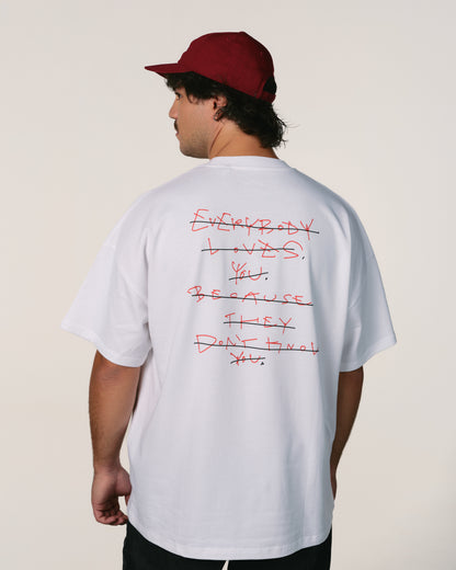 Tricou oversized unisex Hoppers Everybody Loves You alb, vedere din spate, hip hop takeovers
