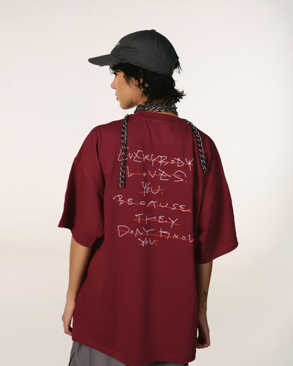Tricou oversized unisex Hoppers Everybody Loves You bordo, vedere din spate, hip hop takeovers
