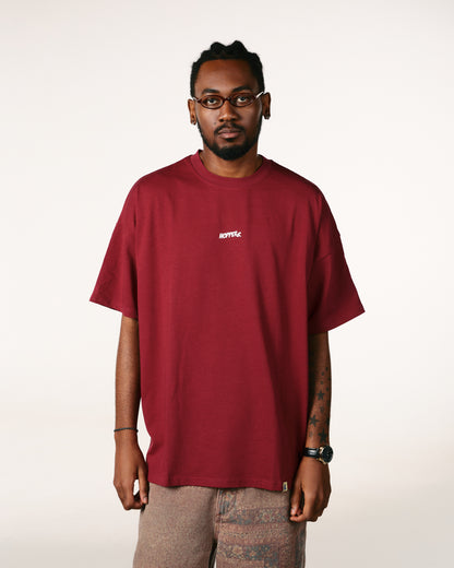 Tricou oversized unisex Hoppers Get Better bordo, vedere frontala pe model, hip hop takeovers
