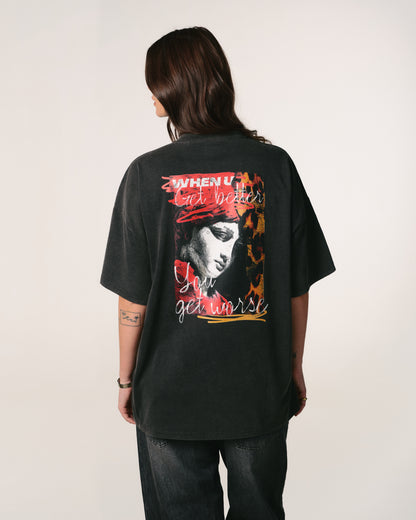Tricou oversized unisex Hoppers Get Better negru, vedere din spate cu print grafic, hip hop takeovers
